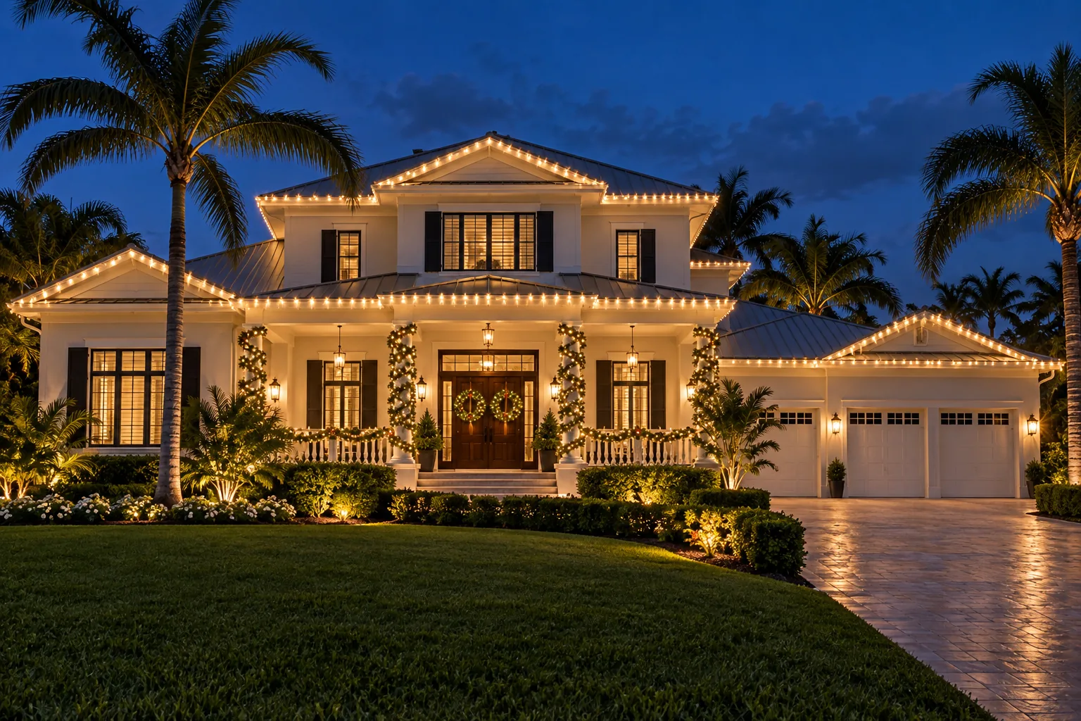 South Florida home with warm white Christmas lighting and holiday decorations